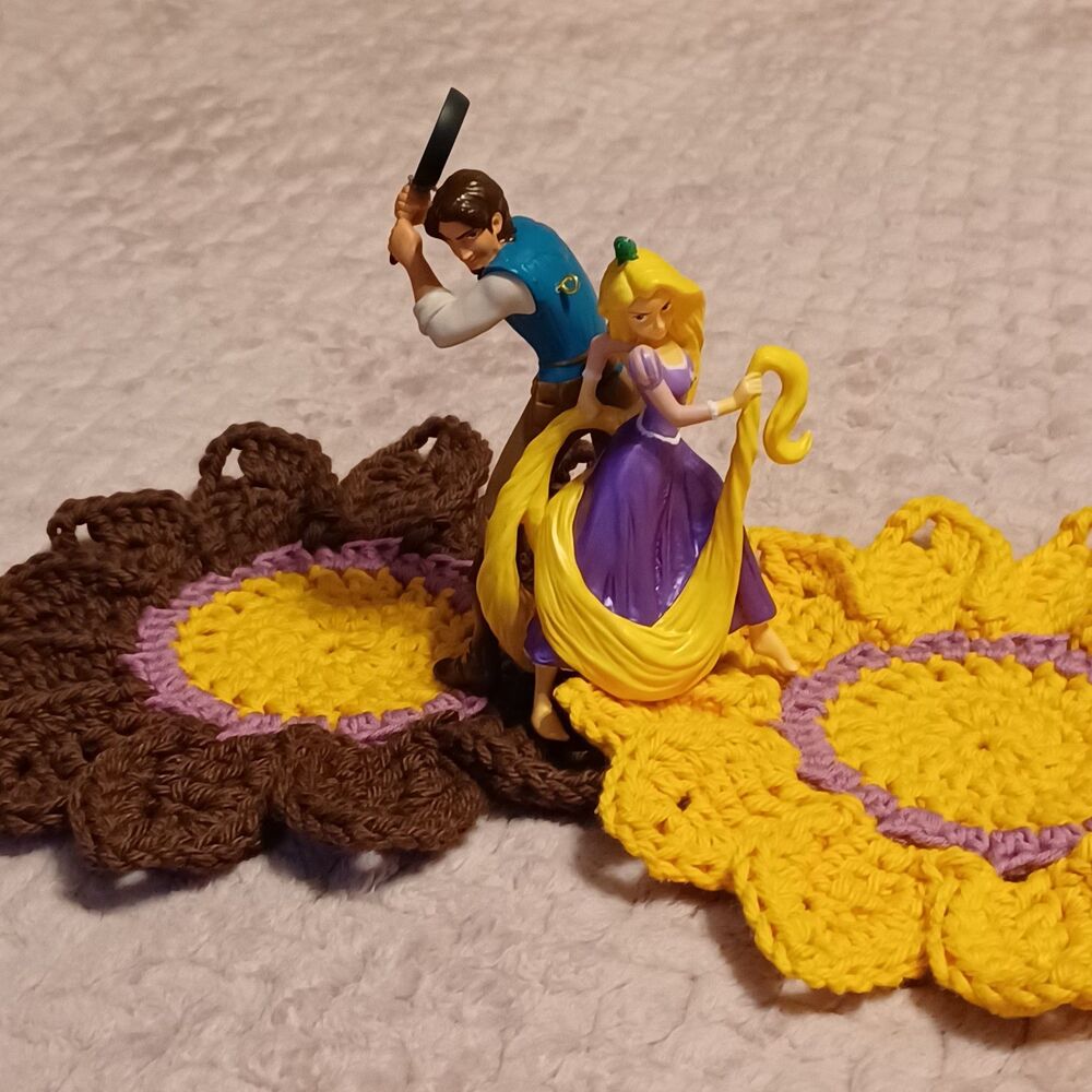 Hand Crafted Crochet Brown & Gold Flower Coasters, Set of 2 - Picture 3 of 6